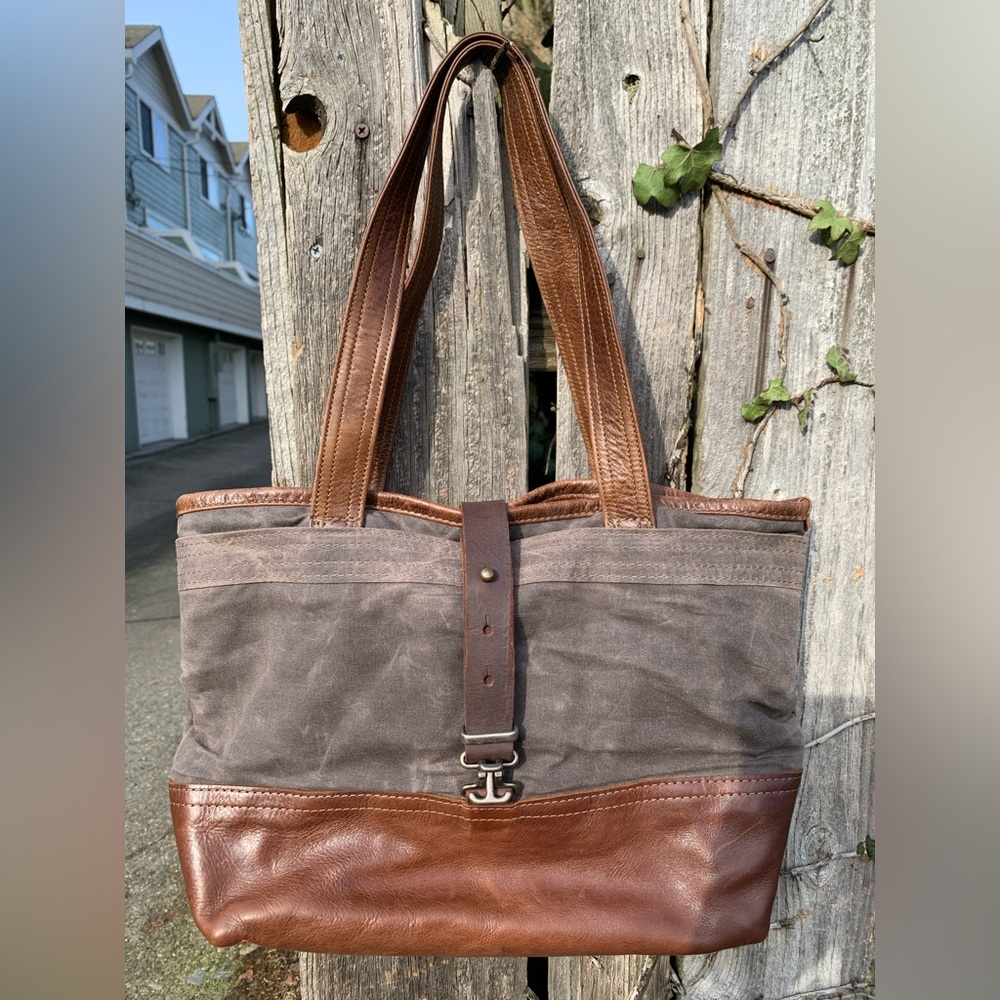 Rough & Tumble distressed small gray canvas and brown leather Proper Tote bag